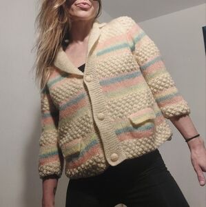 Vintage 70's handmade cropped wool rainbow cardigan